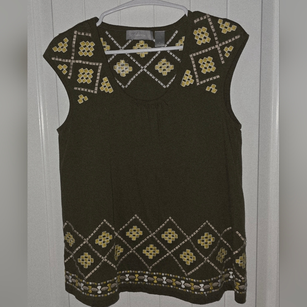 Liz Claiborne Olive Green Boho Cap Sleeve Embroidery 100% Cotton Top Medium